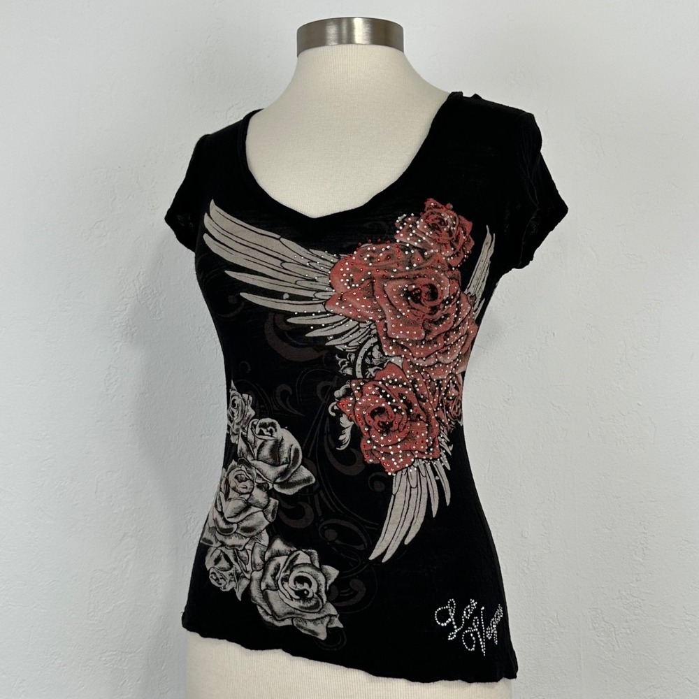 Y2K Grunge Punk Top Size Small Black Rhinestone Bling Wings Roses Short Sleeve